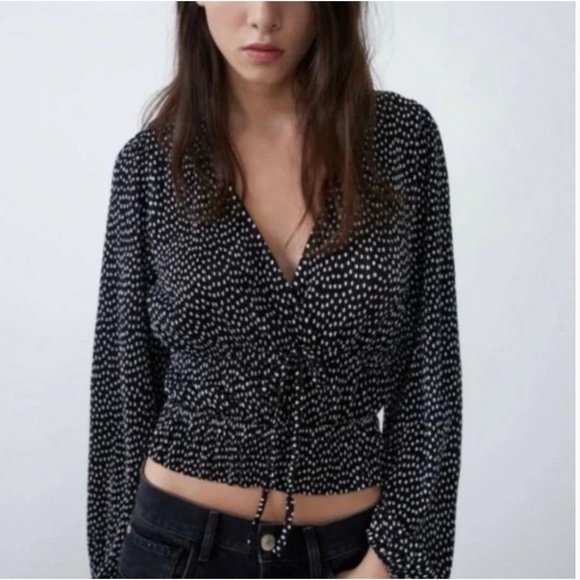 🍕🍍ZARA Polka Dot Wrap Crop Top – Deep V Ruffle Hem Black Romantic Ballet Small - Picture 1 of 8